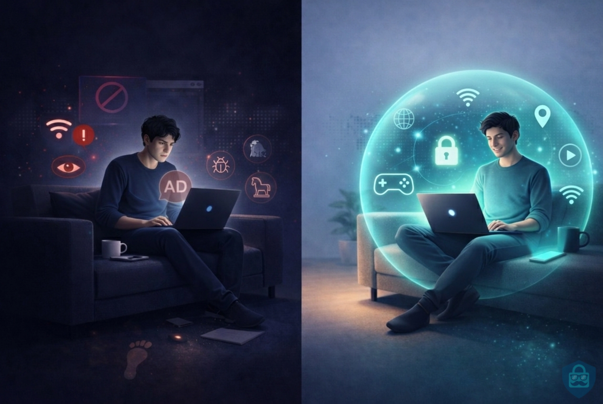 Before and after illustration showing how a VPN can reduce tracking and ads for safer internet access