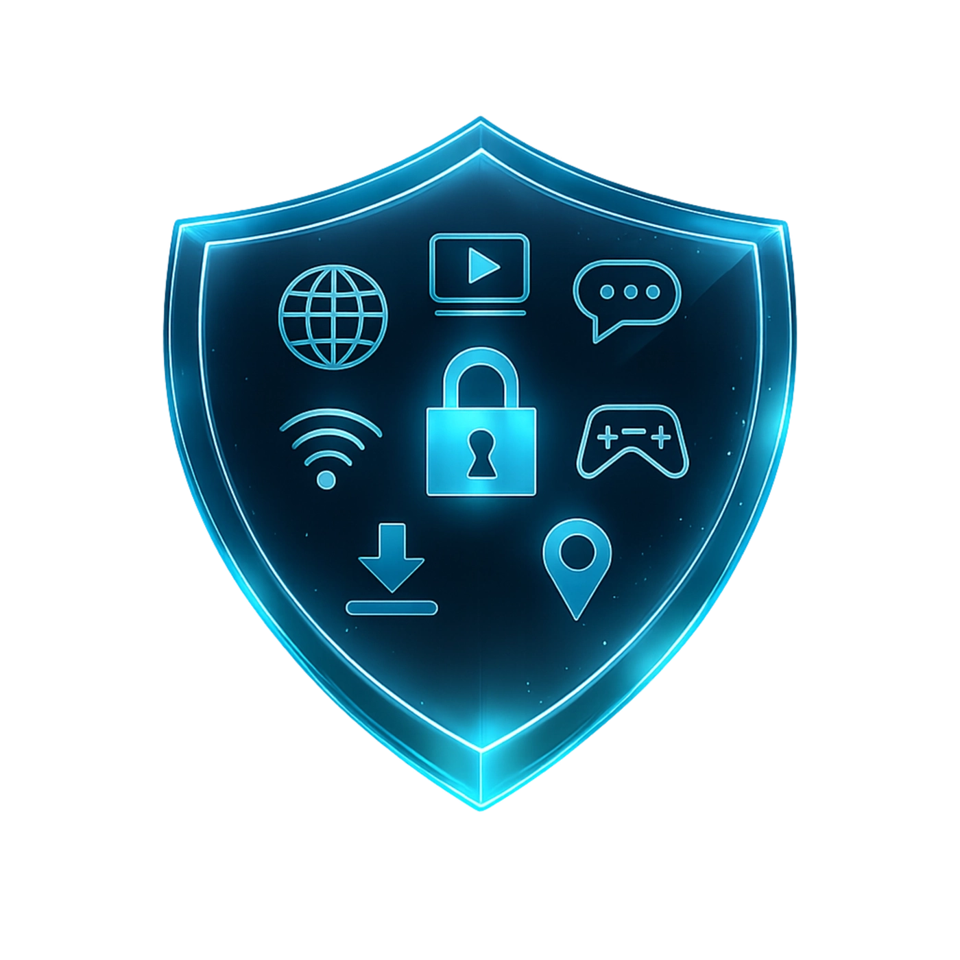 Illustration of a VPN protection shield with icons for Wi-Fi security, streaming, apps, downloads and location privacy