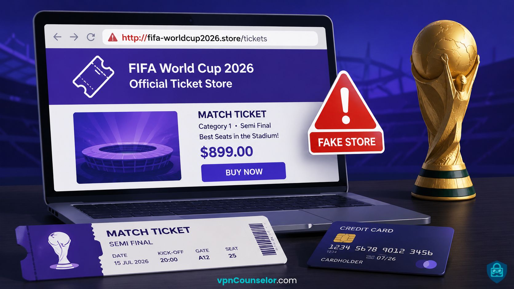 Illustration of a fake World Cup 2026 ticket website displayed on a laptop with a suspicious URL, a match ticket, a credit card, and a football trophy symbolizing online ticket scams and fraud.